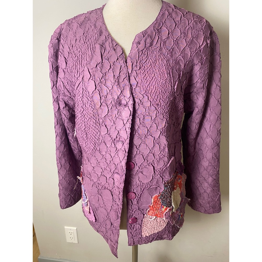 Vintage Purple Popcorn Crinkle Jacket Floral Patchwork Y2K Stretchy Blazer M